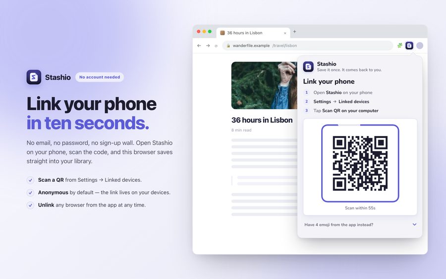 Pair with your phone by QR, no account