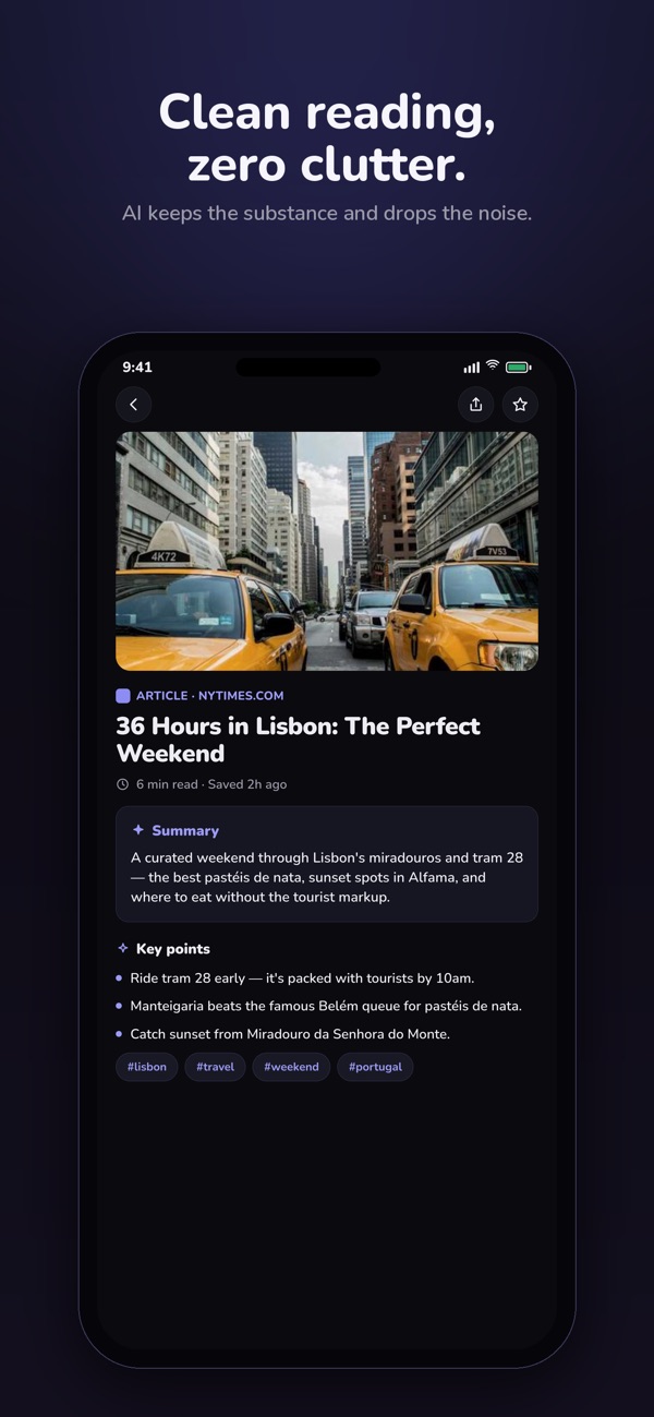 Clean reading, zero clutter — stashio screenshot