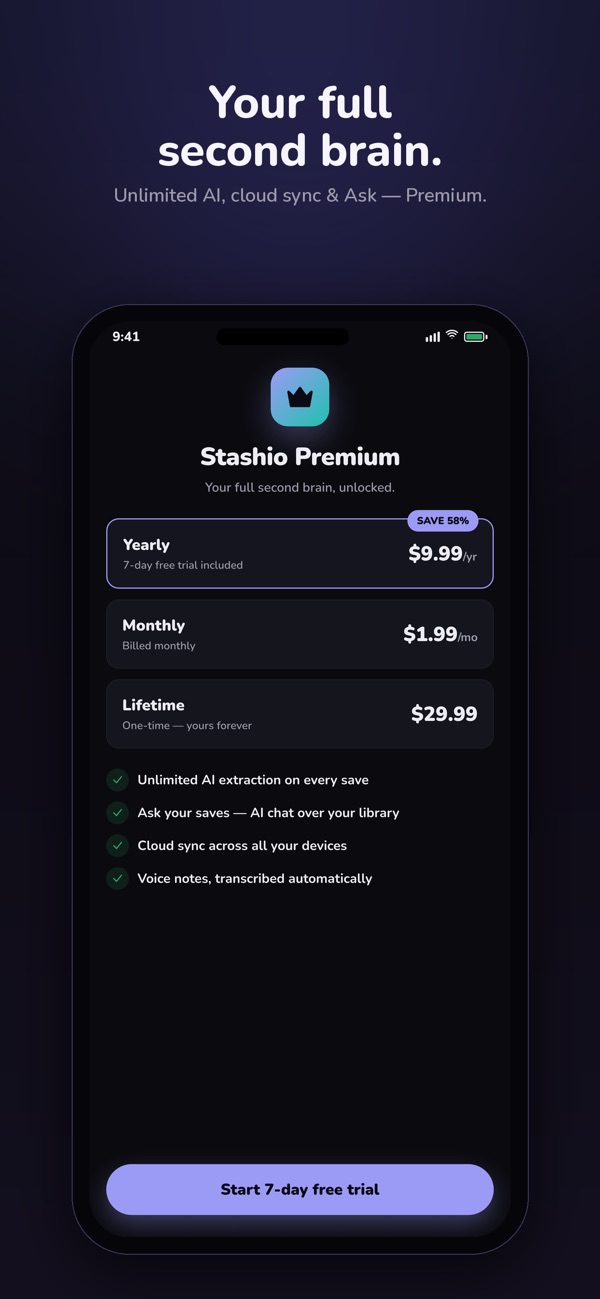 Your full second brain — stashio screenshot